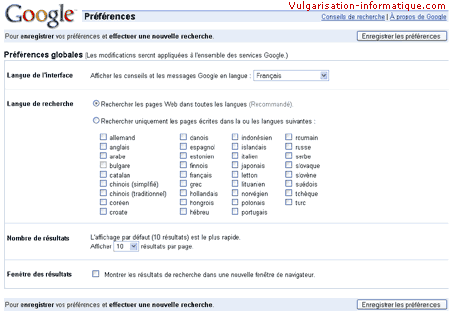 Configuration des préférences de recherche