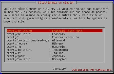 Configuration du type de clavier - installation de linux
