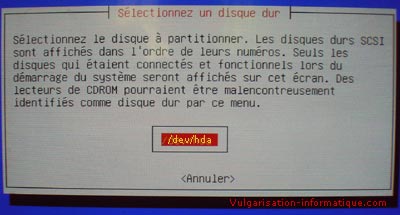 Choix du lecteur de destination - installer linux