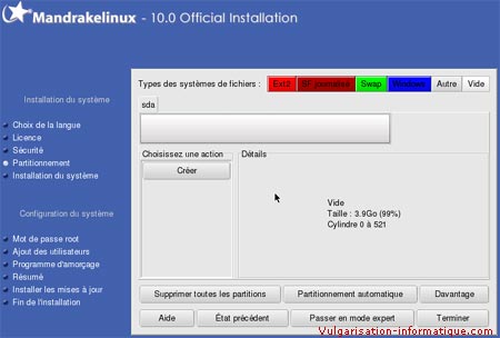 Partitionnement du disque - installer linux mandrake
