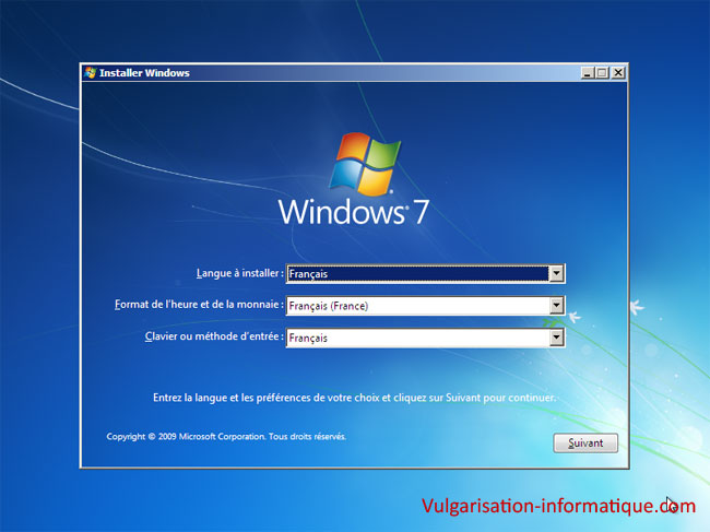 Installation de windows 7 - Ecran d'accueil