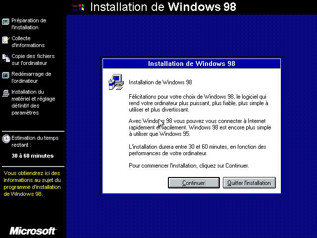Installation de Windows 98 - assistant graphique