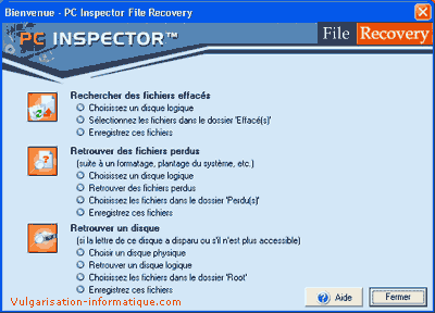 Aide brève du logiciel PC file inspector recovery