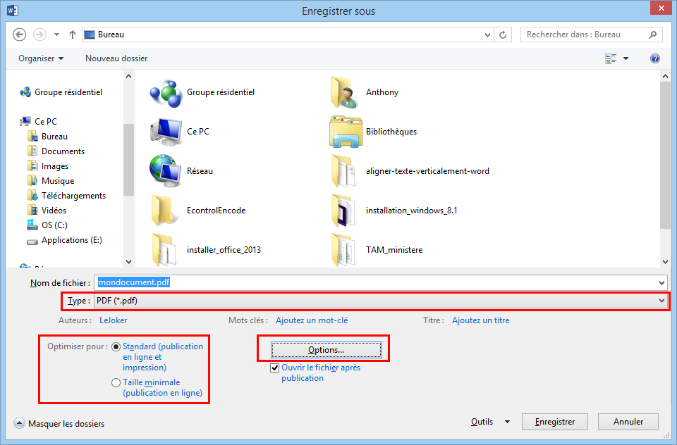 Enregistrer en PDF avec Word 2013