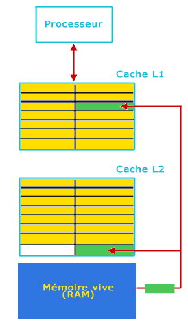 Placement des données provenant de la RAM dans les deux niveaux de cache