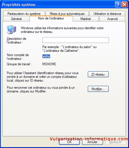 Nom de l'ordinateur - XP