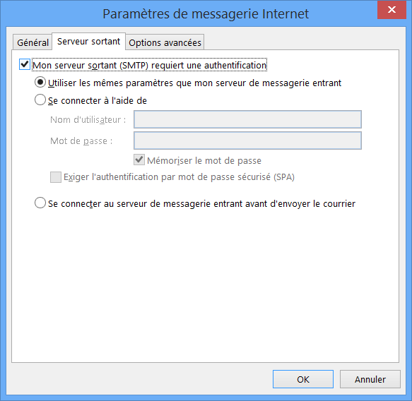 Serveur sortant (SMTP)