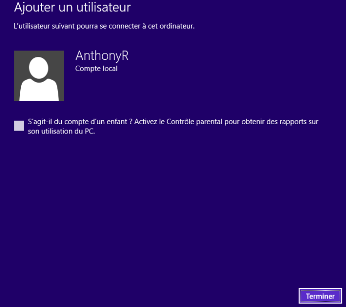 Fin de la configuration du compte local
