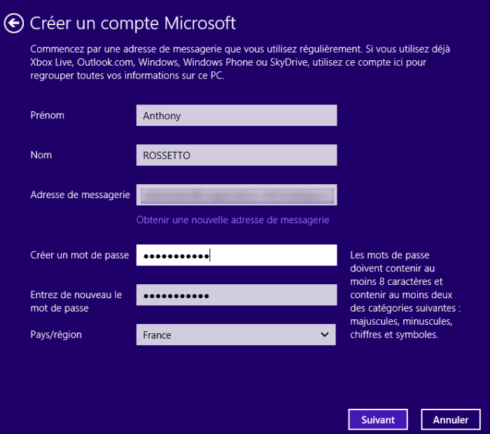 Informations sur le compte utilisateur