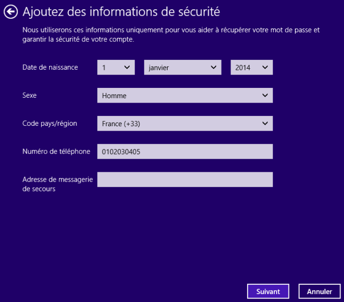 Informations personnelles pour alimenter les bases de Microsoft