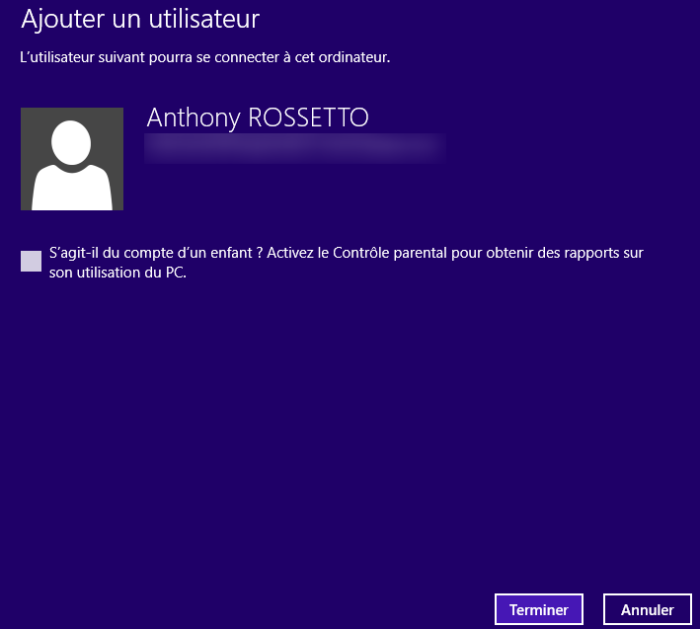 Fin de la création du compte et contrôle parental