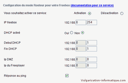 Interface de configuration de la freebox en mode routeur