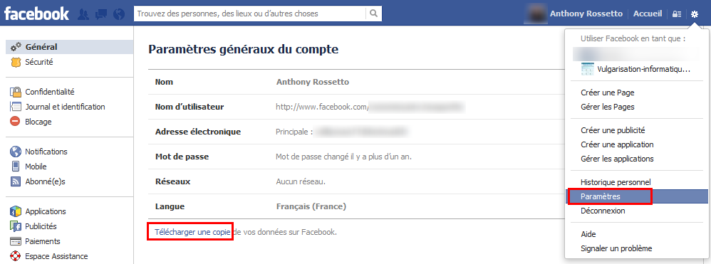 Paramètres du compte facebook