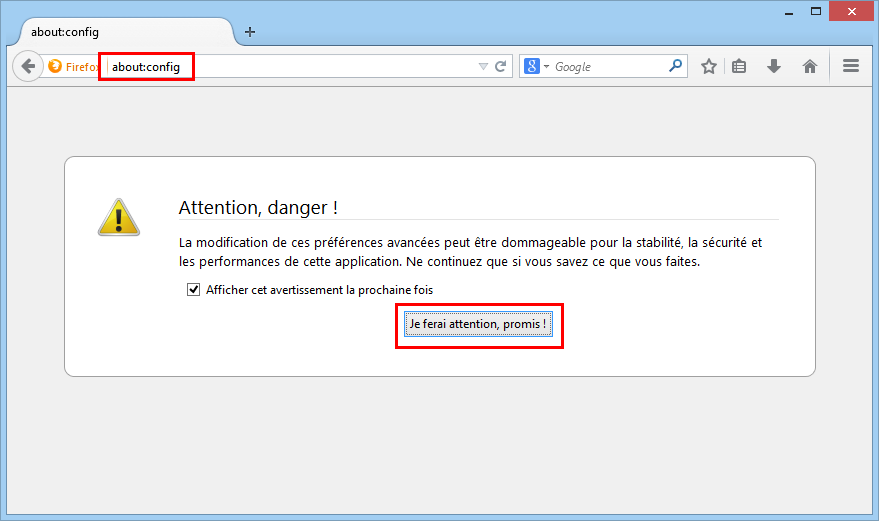 Avertissement de configuration Firefox