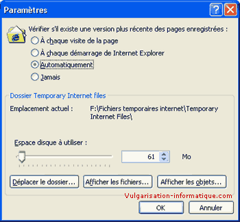 Paramètres des fichiers internet temporaires