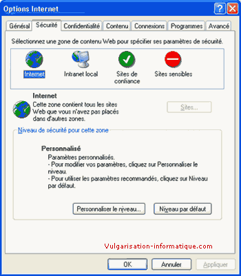 Configuration de la sécurité - options internet