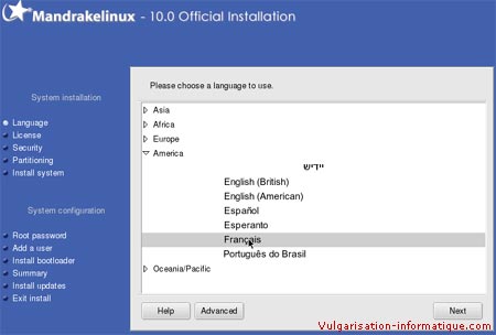 Installation de linux mandrake - choix du langage