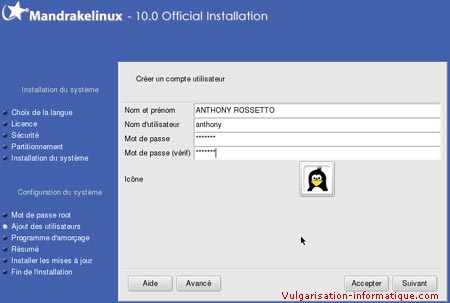 Installation de mandrake - informations utilisateur