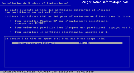 Installation de XP - partitionnement du disque