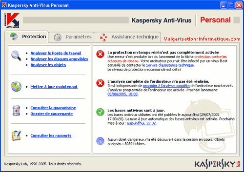 Interface de l'antivirus Kaspersky