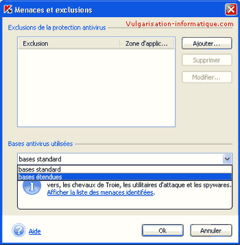 Configuration de Kaspersky : menaces et exclusions