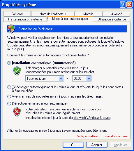 Paramétrage des mises à jour automatiques