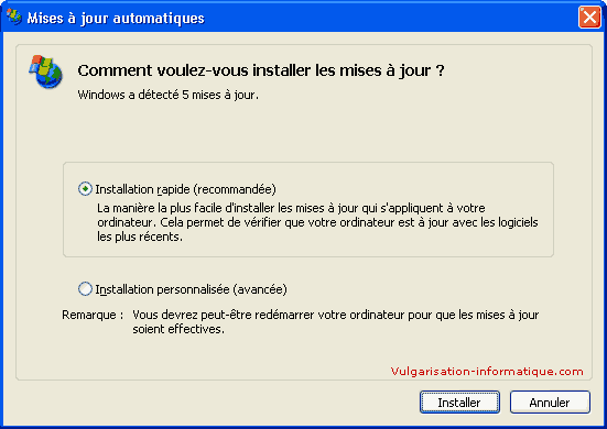 Options d'installation - mises à jour automatiques