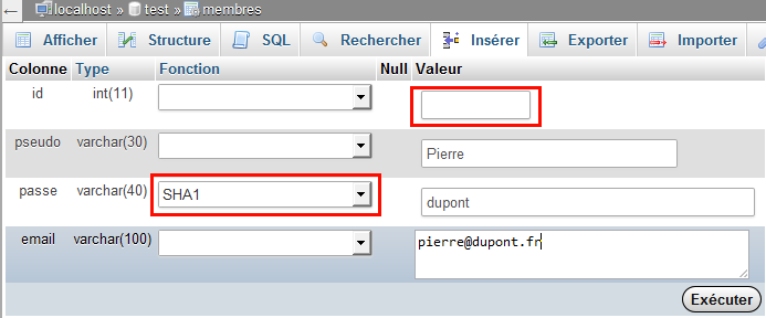 Insertion d'une donnée avec PHPMyAdmin