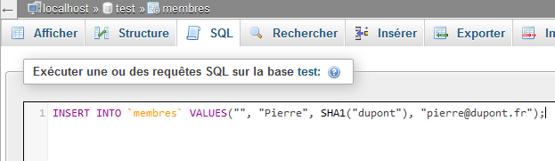 Onglet SQL - insertion