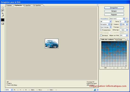 Optimisation de départ : passage au format GIF 256 couleurs