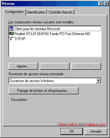 Propriétés du réseau - Windows 98 / Me