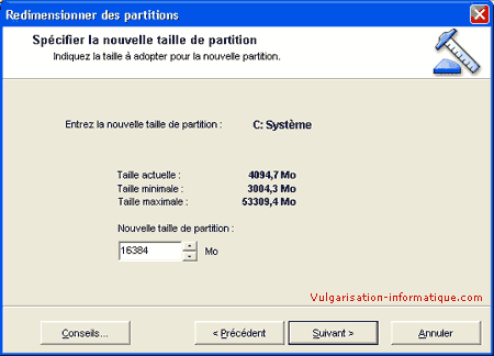 Taille de la nouvelle partition