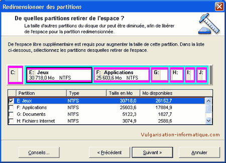 Choix des partitions dans lesquelles récupérer (ou donner) de l'espace disque