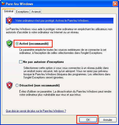 Activer le pare-feu Windows XP