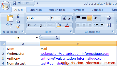 Publipostage - création du fichier Excel