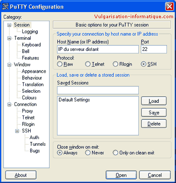 Paramètres de connexion - Putty