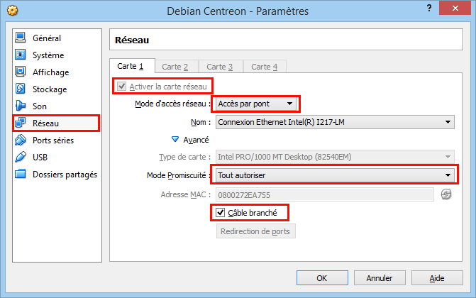 Configuration du réseau d'une VM Virtualbox