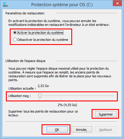 Paramètres de restauration système