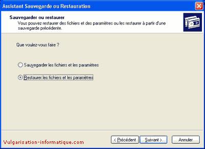 Choix du type : restauration des paramètres