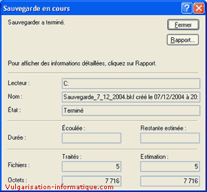 Récapitulatif de la sauvegarde effectuée