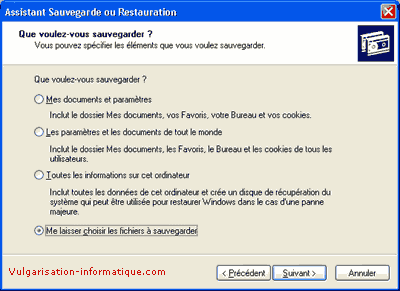 Choix des types de documents à sauvegarder