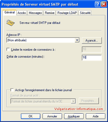 Propriétés du serveur SMTP