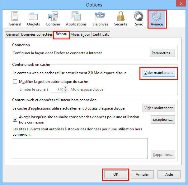 Options de vidage du cache