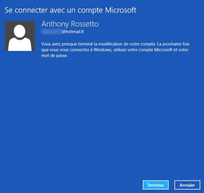 Passer à un compte Microsoft - validation des paramètres