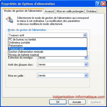 Options d'alimentation