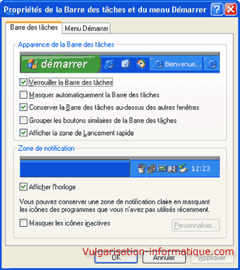 propriétés de la barre des tâches