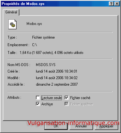 Lecture seule fichier msdos.sys - windows 98