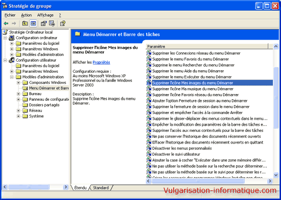 suppression des icônes du menu démarrer