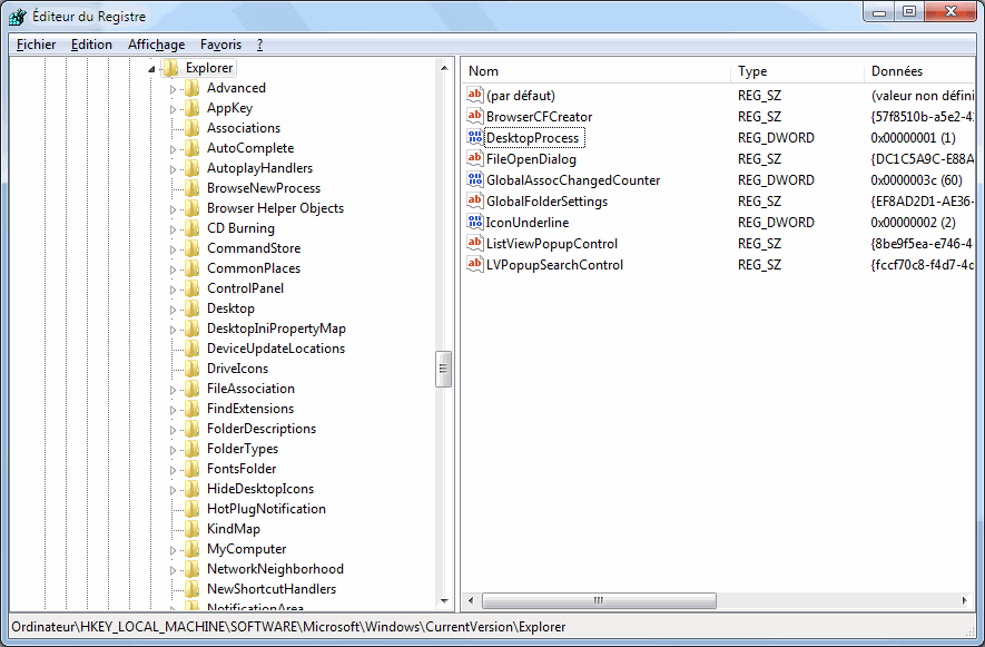 Desktop et processus - regedit