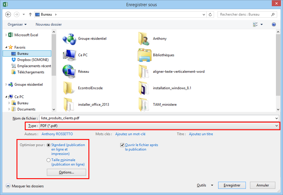 Enregistrer en PDF avec Excel 2013